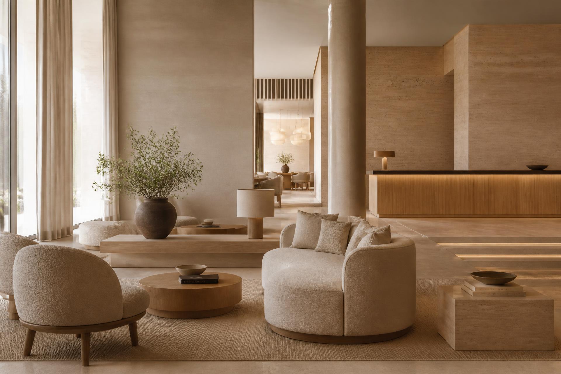 Skandinavisk hotellobby i varme sandtoner
